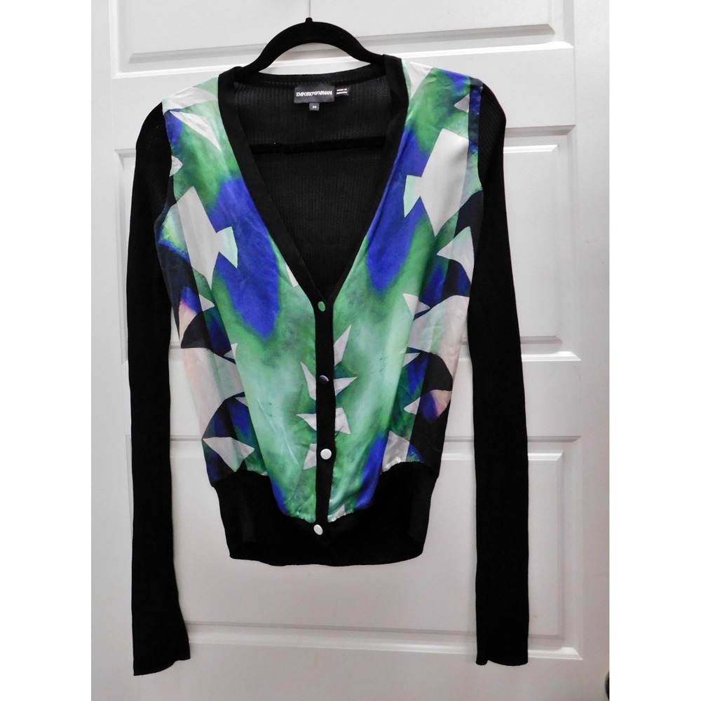Emporio Armani Cardigan Black Multicolor Geometric Print Silk Blend Size IT 42